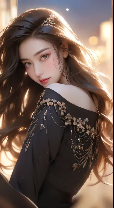 ((Best quality, 8k, Masterpiece :1.3)), 1girl, smiling, full body, slim face, Pretty woman, (Dark brown hair), full length dress :1.1, Ultra-detailed face, Detailed eyes, Double eyelid, blur background, slim face, city, outside, street,