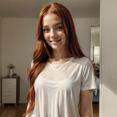 smiling woman with long red hair and a white shirt, this person does not exist, smiling and looking directly, a beautiful -aged girl, realistic person, a beautiful person, young woman in her 20s, girl next door innocent look, entire body visible