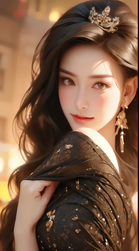 ((Best quality, 8k, Masterpiece :1.3)), 1girl, smiling, full body, slim face, Pretty woman, (Dark brown hair), full length dress :1.1, Ultra-detailed face, Detailed eyes, Double eyelid, blur background, slim face, city, outside, street,