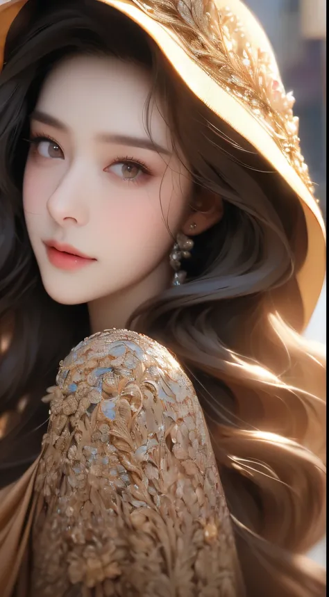 ((Best quality, 8k, Masterpiece :1.3)), 1girl, smiling, full body, slim face, Pretty woman, (Dark brown hair), full length dress :1.1, Ultra-detailed face, Detailed eyes, Double eyelid, blur background, slim face, city, outside, street,