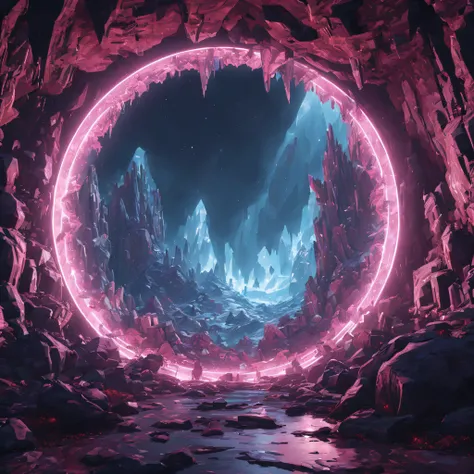 (by Alena Aenami:1.2), (Crystal Caves:1.2), (big metal circle), ultra-wide-angle, octane render, enhance, intricate, (best quality, masterpiece, Representative work, official art, Professional, unity 8k wallpaper:1.3), 3D ultra-detailed, Behance 3D Art Tre...