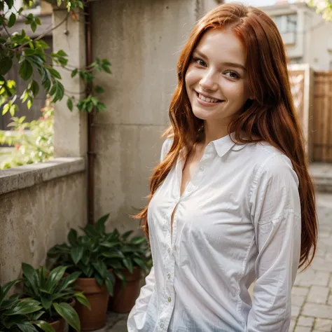 smiling woman with long red hair and a white shirt, this person does not exist, smiling and looking directly, a beautiful -aged girl, realistic person, a beautiful person, young woman in her 20s, girl next door innocent look, entire body visible