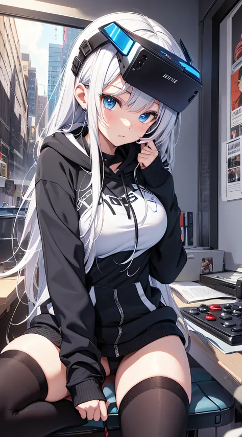 top-quality、Top image quality、​masterpiece、teens girl((Blue Hoodie、black trousers、18year old、 Ager、Best Bust、big bast,Beautiful light blue eyes, Long silver hair、A slender,Large valleys、Reflecting the whole body、Leaning forward、Attach the VR visor to your ...