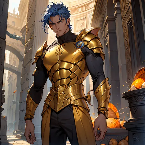 ((​masterpiece)), ((Best Quality)), 4k, Very detailed, 1 person(((waist up))), Background with:Inside the Pantheon, Where ancient Rome was&#39;courage flows, Very tall middle aged man with blue hair and orange eyes., armature((made from scorpion shell)), (...