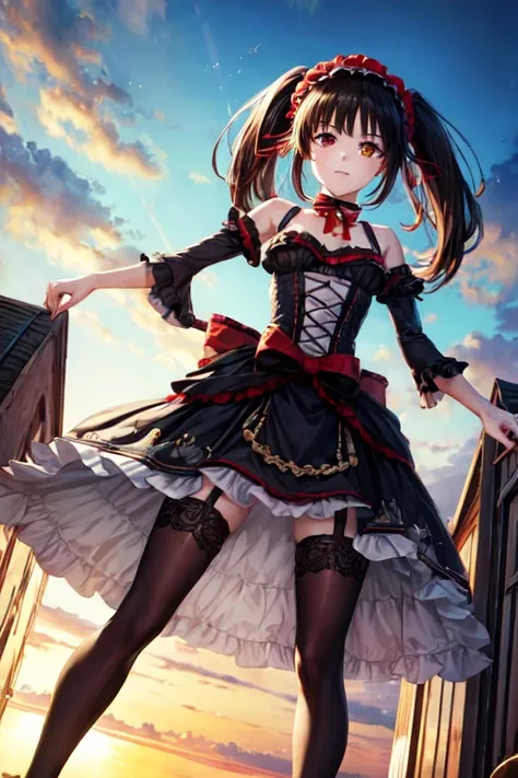 ((full body)), ((full pose)), kurumitokisaki, tokisaki kurumi, clock eyes, black hair, twintails, (red eyes:1.2), (yellow eyes:1...