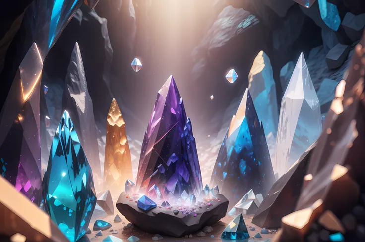 best quality, 8k, UHD, highres, masterpiece, ultra-detailed, realistic, photorealistic, photo-realistic, large crystal in a cave, crystals on the ground, magical, colored, rock, cave crystals, colourful, 3 d crystals, 3d rendering