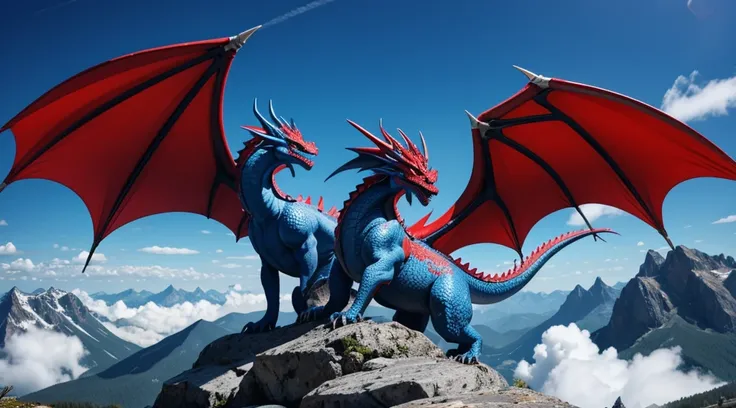 blue and red colored dragon on top of a mountain