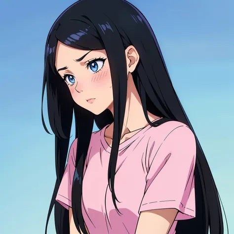 (best quality),(girl, black hair, long hair, straight hair, sharp anime blue eyes, blush),plain pink t-shirt (blue background)