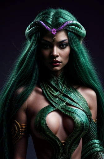 Create a fascinating image of a snake woman inspired by the mythology of Medusa.  Visualize a serpentine mane of iridescent scales snaking around your head, while piercing serpent eyes stare at the viewer.  The snakes scales form an exotic skin, reflecting...