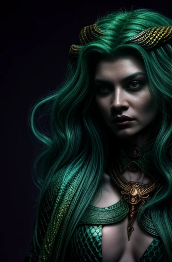 create a fascinating image of a snake woman inspired by the mythology of medusa.  visualize a serpentine mane of iridescent scal...