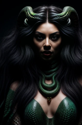 Create a fascinating image of a snake woman inspired by the mythology of Medusa.  Visualize a serpentine mane of iridescent scales snaking around your head, while piercing serpent eyes stare at the viewer.  The snakes scales form an exotic skin, reflecting...