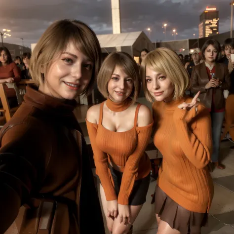 ashley graham , standing gracefully, selfie style, stylish hand, orange sweater, smile, brown heeled boots, looking at viewer