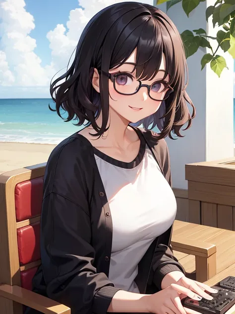 A dark-haired、Short Bob、Wave Perm、eye glasses、Facing the front、A slight smil、Playing games、adult lady、