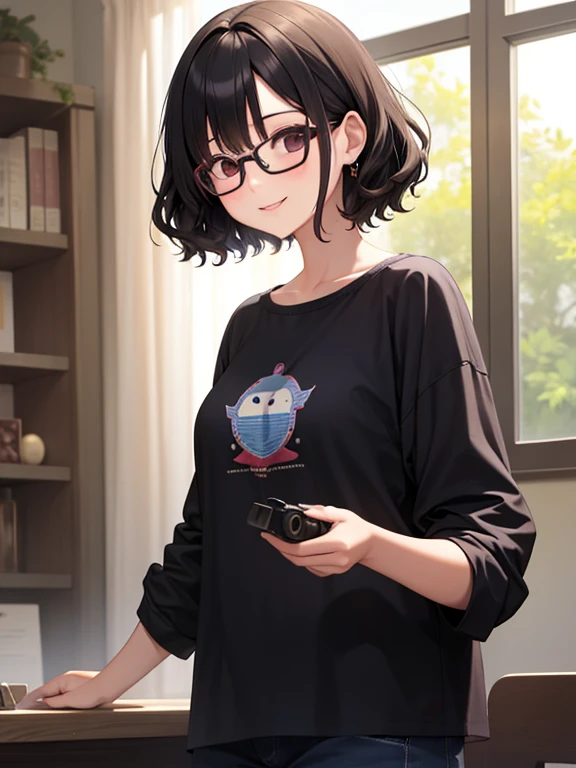 A dark-haired、Short Bob、Wave Perm、eye glasses、Facing the front、A slight smil、Playing games、adult lady、