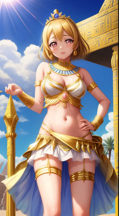 Koizumi hanayo, bangs, beautiful, beautiful woman, perfect body, pov,from below,beautiful female model,facial details,(sedative:1.2),glowing eyes,detailed body part details,looking at viewer,arrogant,(one hand on hip one hand on hair),thighs,navel,midriff,...