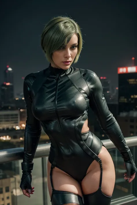 4k highly detailed realistic female superhero dressed in cropped carbon fiber, green  hair in a short undercut bob hairstyle, hair covering one eye, ((sharp Jawline)), (full body Including Legs), Seduction and fantastic poses