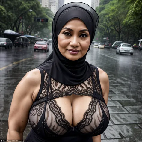 56 years Old, Indonesian Hijab milf, Ultra Droopiest gigantic saggiest longest mature tits : 96.9, wearing tight Lace Tank top, Wearing Tight Bra, Her bra cannot cover her Gigantic breast, Busty body, Wet body, rainy atmosphere, heavy rain, at central park...