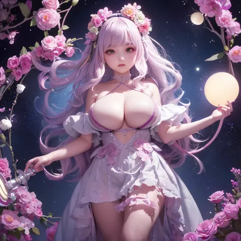 The upper part of the body、one girls、i have silver hair color、Two-tone、(Pink Highlight Hair、Curly hair，floral headband、very Bigger breasts、ultra gigantic tits、Sorcerer、tiny girl、Idol Costumes、off shoulders、I have a pink cane、A magic circle of flowers appea...