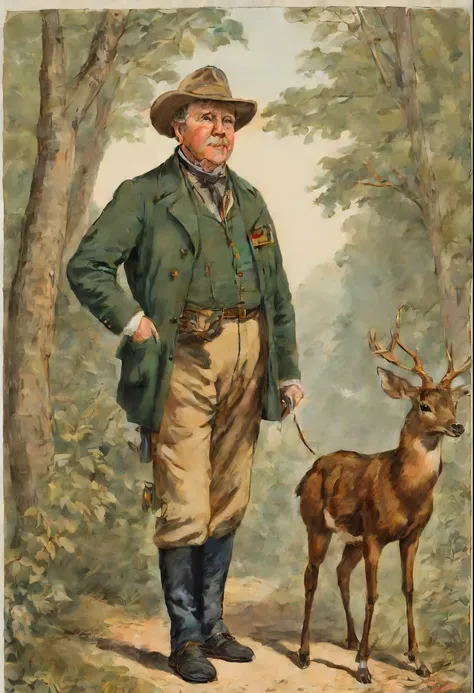 Full body view of elderly Charles Laughton As a elderly forest ranger with a tame deer next to him and a blackbird on his shoulder, smiling in a friendly manner standing in the forest, coloured drawing in the style of 1871 Punch magazine illustrations. In ...