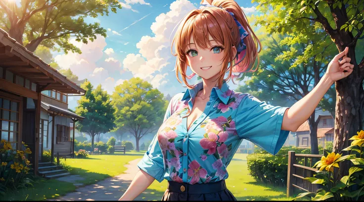 1girl, solo, summer, village, trees, sun, clouds, ((colorful hair)), ponytail, large breasts, button down, green eyes, ((floral pattern shirt)), ((unbuttoned shirt)), ((short sleeved shirt)), belly, skirt, brown shoes, grin, looking at the viewer, standing...