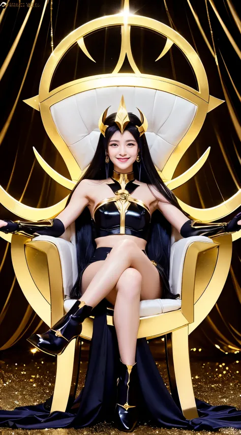 capricorn goddess、wearing a gold cross、Deities々Right、Black hair Long hair、Front-facing、A smile、free up background space、Body frontal、Saint Seiya、extreme action、realisitic、Beautie、Glamorous、Wearing a helmet、Sit and cross your legs、Premium chairs