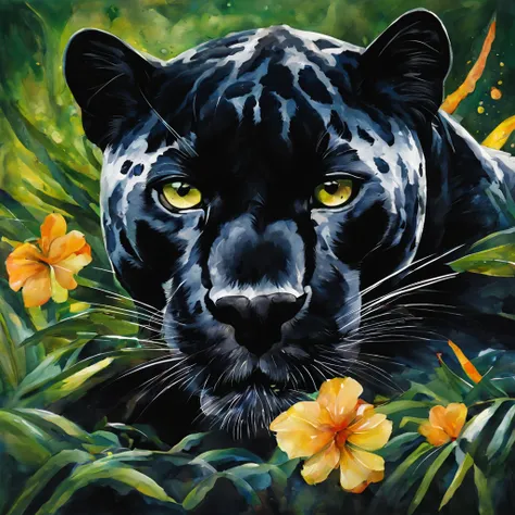 beautiful black panther lying down, abstraction jungle backdrop, floral, fantasy, african style, beautiful, realistic, green, wh...