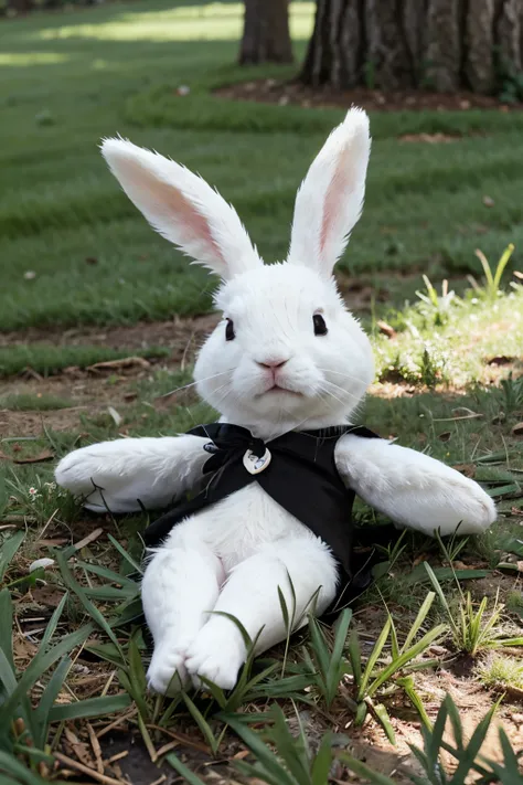 White and black rabbit resting on the green grass