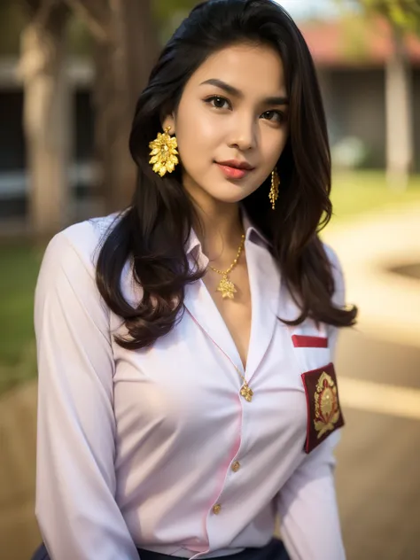 photography, woman,  portrait of woman wearing indonesian_high_school, red lipstick, golden necklace, earrings, ornate, detail, ...