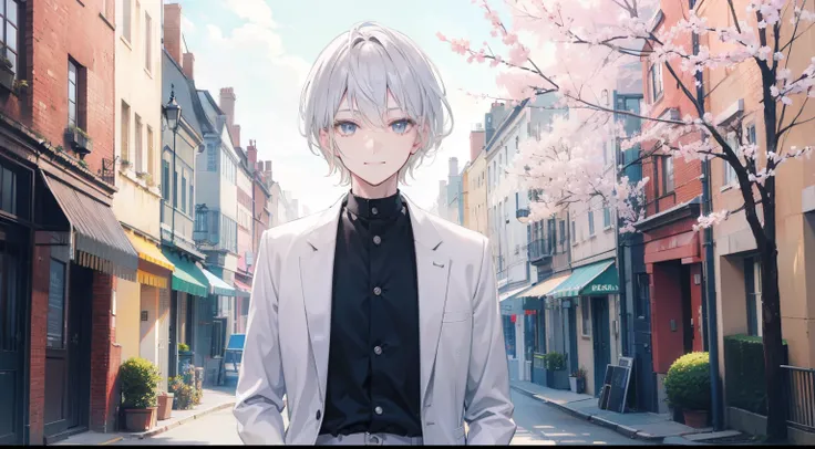 A silver-haired man with short hair is looking at you with a smile in a springtime city. This scene is in high definition and beautiful.