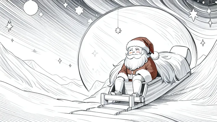 (santa claus solo:1.2)、​masterpiece、fly through the night sky on a wooden sled、a smile、chibi chara、full body esbian、monochromes、...