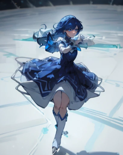 sad Facial expression,stage,On ice,Blue Dress,1womanl,Figure skating,white boots with blades