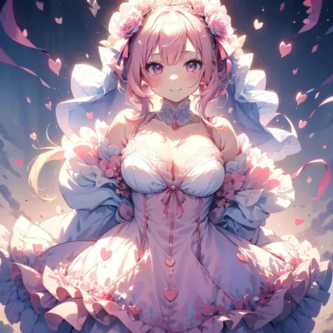 女の子1人、encrusted with pink and red hearts、、Too large breasts、cleavage of the breast、Dress with plenty of pink heart lace.、Large ribbon、lace cape、Lace veil、Eyes of Hearts、Her pale, Soft, Long hair studded with pale hearts..、A smile、Navel Ejection、pink hearts...