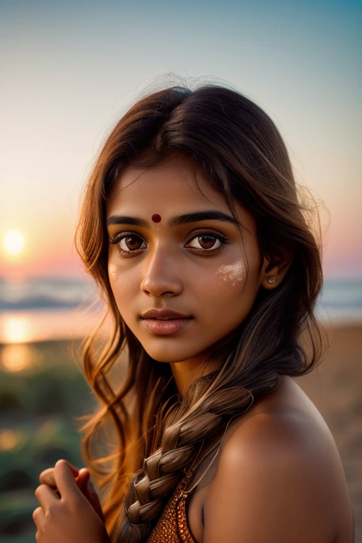 young Indian girl, fair complection, 23-year-old, sea  background, beaches backgound ultra hd photo, happy , seductive looks, woman((, masterpiece, best quality, ultra-detailed,outdoors, (night), nature,, clear sky, analog style (look at viewer:1.2) (skin ...