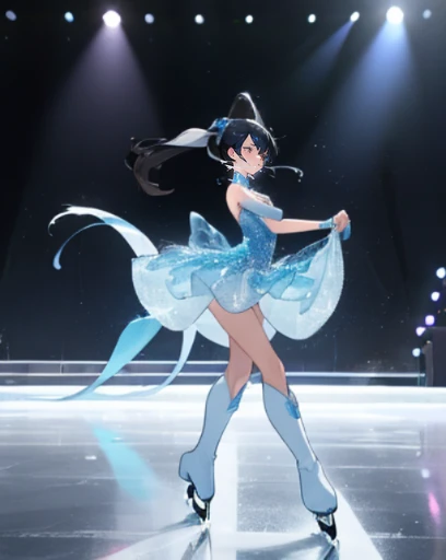 sad Facial expression,stage,icy,Blue Mini Dress,1womanl,A dark-haired,poneyTail,Figure skating,white mini boots