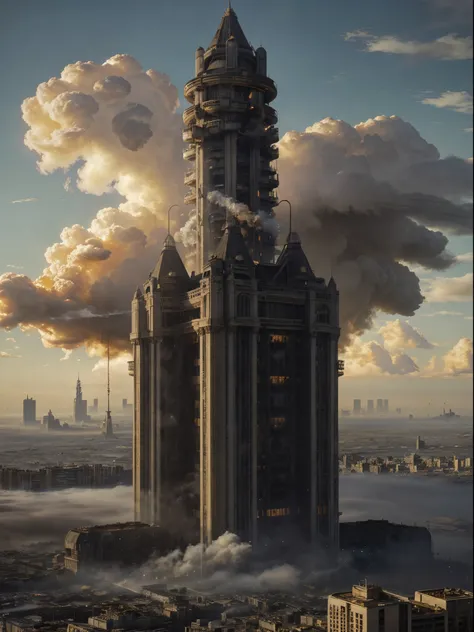 Sci-fi post-apocalyptic world, A white flying castle located above, (The huge mechanism spews smoke:1.anoramic view, Clouds of smoke, dark clouds, (Masterpiece), high detailed, wallpaper, golden hour, foggy, massive scale city view, lit up buildings