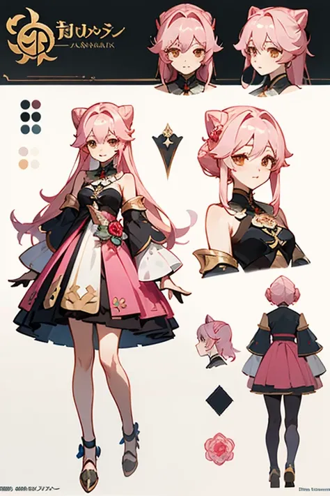 brownish dark pink long hair wearing rose alampay pink dress, anime character reference sheet, reference sheet, full body!, [ character design ], design sheet, character reference sheet, long Pale brownish pink hair with sampaguita one hair bun (one right ...