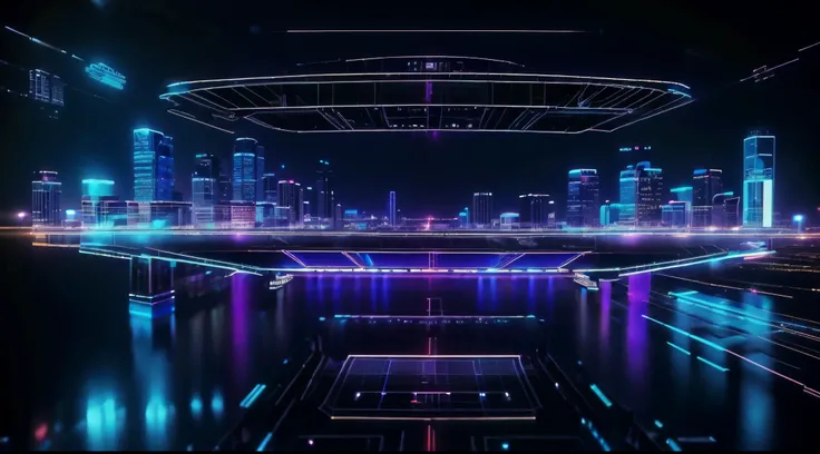 at night, cyberpunk city, bridge, a road to a tunnel, skyscrapers far away as background, holographic effects, hq