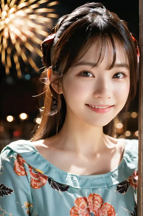 ulzzang -6500-v1.1, (Raw photo:1.2), (Photorealsitic), a beautiful detailed girl, (Real: 1.4), extremely detailed eye and face, ((Yukata with red floral pattern;1.3))、((Fireworks in the background:1.2)), selfee, Instagram、game_nffsw, huge filesize, hight r...