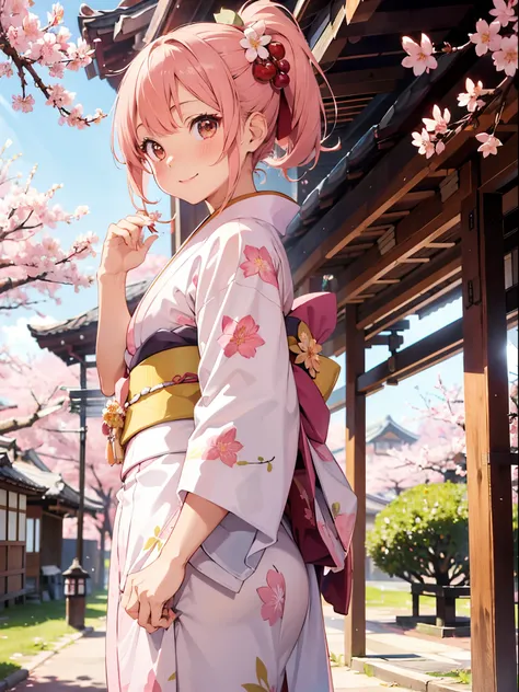 (Perfect picture quality:1.1),(masutepiece:1.1),(High quality:1.1),1 girl, Solo, (Wearing a gorgeous kimono with pink cherry blossoms:1.3), Yellow hair, Double ponytail on both sides, Looking at the camera, Smile and make a heartbeat, Drinking tea, Randoml...