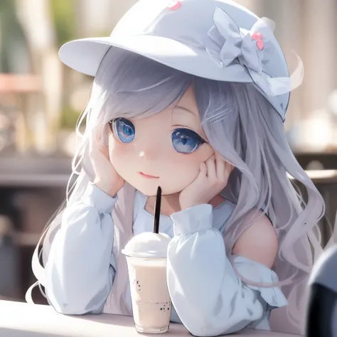 Anime girl with blue eyes and white hat sitting at the table, Cute Anime Girls, cute kawaii girls, cute anime, kawaii realistic portrait, cute anime face, Anime visuals of a cute girl, Cute and detailed digital art, adorable digital art, cute anime girl po...