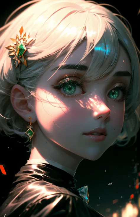 ultra realistic, 4k, masterpiece, best quality, ultra-detailed, illustration, 1girl, white hair, bobcut, emerald green eyes, glittery eyes, (close-up:0.6), straight on, face focus , highly detailed skin, full lips, smiling, red plump lips, glowing skin, da...