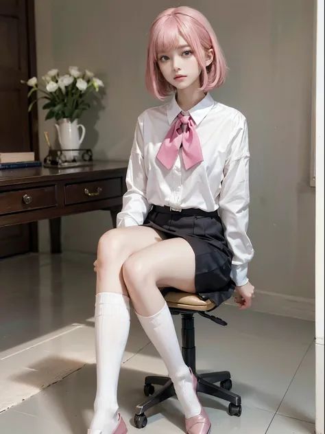 Girl Front, Legs, Sitting, Graceful, Mature, Detailed beautiful girl, Young Girl, bob Haircut, Hair between the eyes, detailed pink hair, Beautiful face, ^^, Bright eyes, thigh-high socks, Bright brown eyes, White skin, sox, uniform，Chair, crass room, Warm...