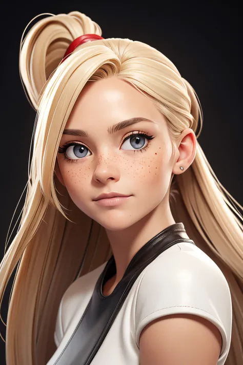 Photorealistic photo of a 40-year-old Swedish girl with long blonde hair with black highlight. She has dark chocolate eyes. She has no makeup and filter. She has her hair in a ponytail. She should have a little freckles on her face and birthmarks. She  pos...