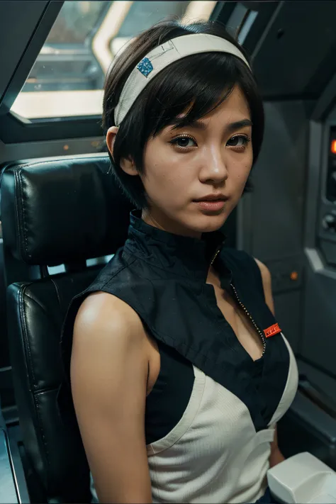 space fighters, japanaese girl, planet, head band, short cut hair, intercom