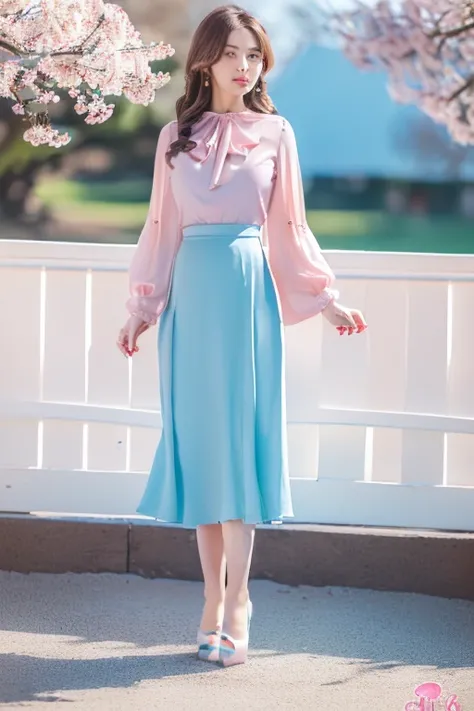 ((8K, masterpiece, best quality: 1.5)), (1 girl: 2.0), beauty, spring, daytime, (pale pink blouse: 1.5), (light blue long skirt: 1.5), (full body: 2.0), lots of cherry blossoms, blue sky, clear sky, (girl standing on the left: 2.0), wearing pumps,