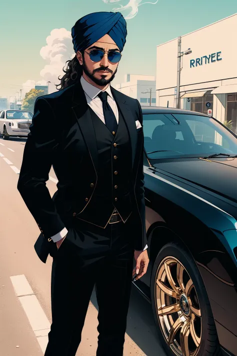 Man wearing white shirt, black vest and blue suit, gold aviators with long wavy hair and perfectly trimmed beard, standing outside his Rolls Royce car, smoking a cigarette, followed by Sikhs wearing black turban and suits