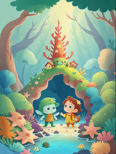 little starfish and turtle explore the underwater world together，swim through gorgeous coral reefs，walk through the mysterious c...