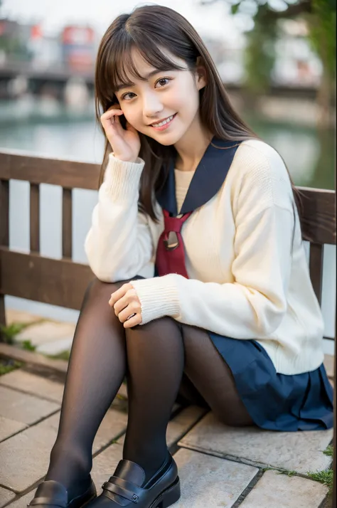 ulzzang -6500-v1.1, (Raw photo:1.2), (Photorealsitic), Beautiful detailed very adorable girl, (Real: 1.4), extremely detailed eye and face, ((Japan school uniform;1.3))、((super realistic pantyhose:1.2)), sitting in a bench、selfee, Instagram、game_nffsw, hug...