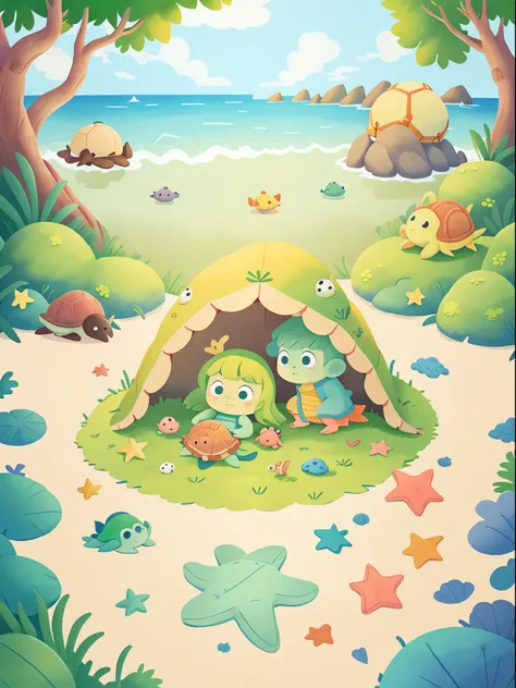 Baby starfish and turtle find a safe seagrass bed，where they rest and play，classical animation，continuous shooting，Cinematic immersion，Sense of story，coloring book,picture book story,High saturation color,colorful illustrations，publication，（No children！！！）