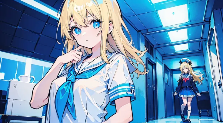 (2 girls, blonde hair, blue eyes, sailor suit, break time) , (blue cyberpunk room, blue neon)